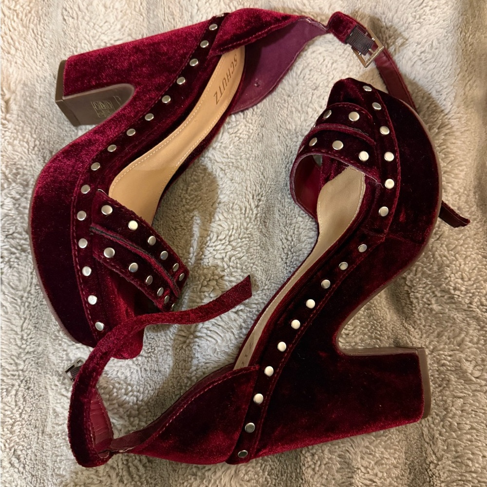 SCHUTZ Dark Burgundy Velvet Studded Heels - Picture 2 of 6